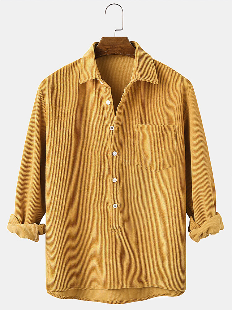 

Вельветовые однотонные рубашки с длинным рукавом с воротником на хенли и нагрудным карманом