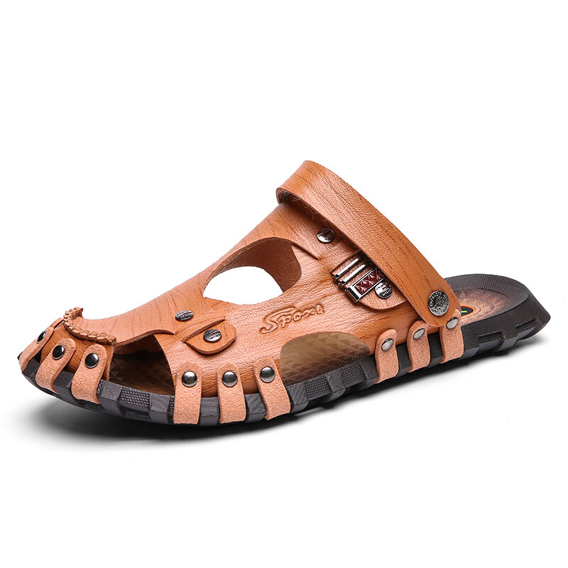 63% OFF on Men Genuine Leather Sandals Casual Two-ways Breathable Slippers