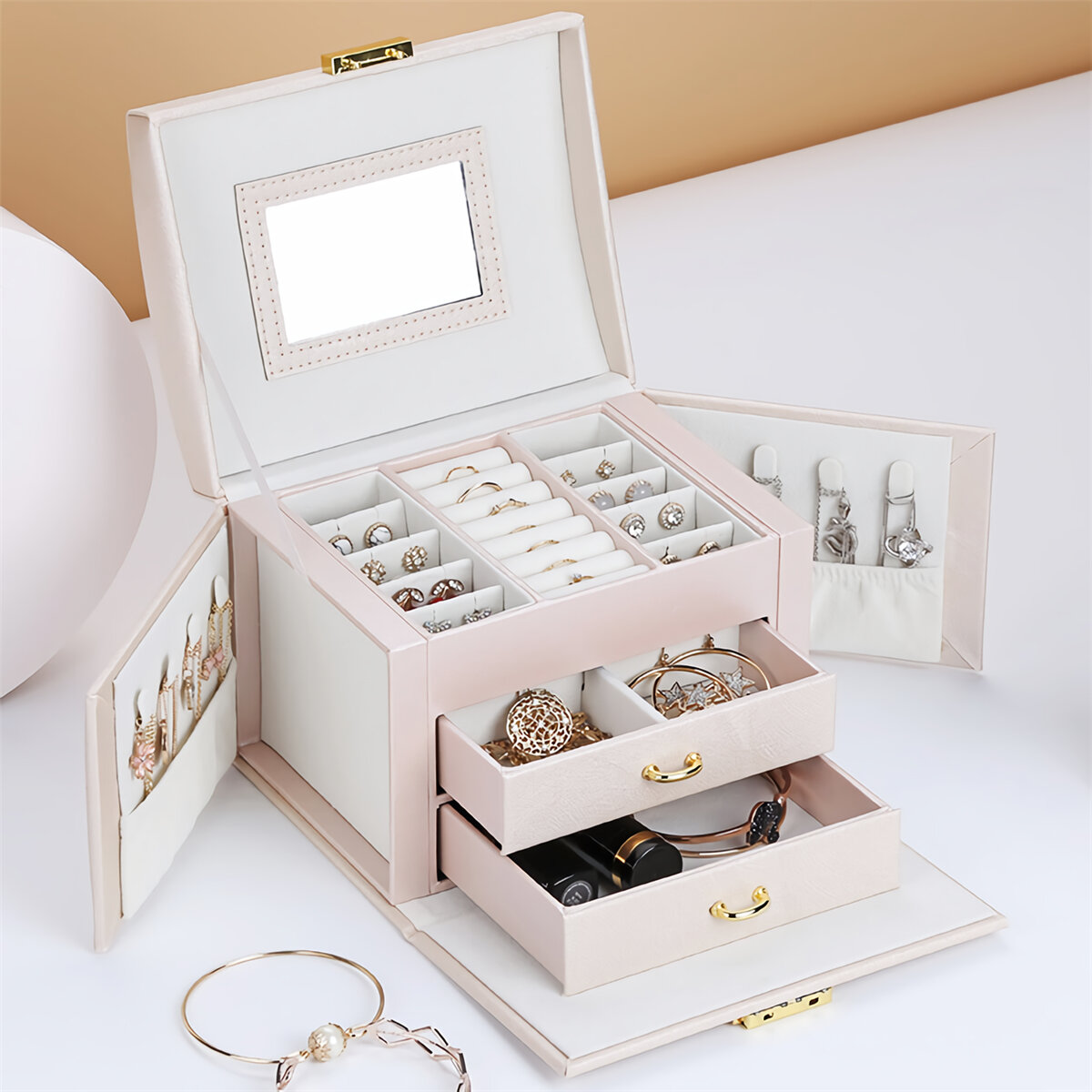 Jewelry Box Large Capacity Leather Storage Jewelry Box Earring Ring Necklace with Mirror Watch Jewelry Organizer, Banggood  - buy with discount