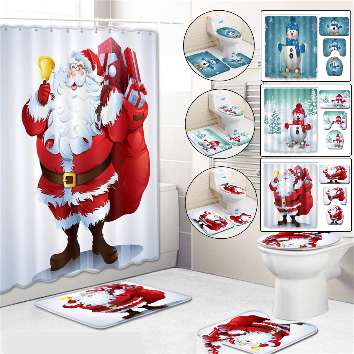 Kerst Douchegordijn Sets Sneeuwpop Kerstman Antislip Tapijten Wc-deksel Cover en Badmat Waterdichte 
