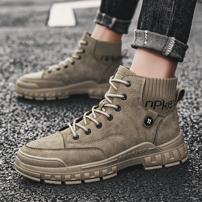

Men Leather Breathable Soft Sole Comfy Brief Splicing Lace Up Casual Ankle Boots