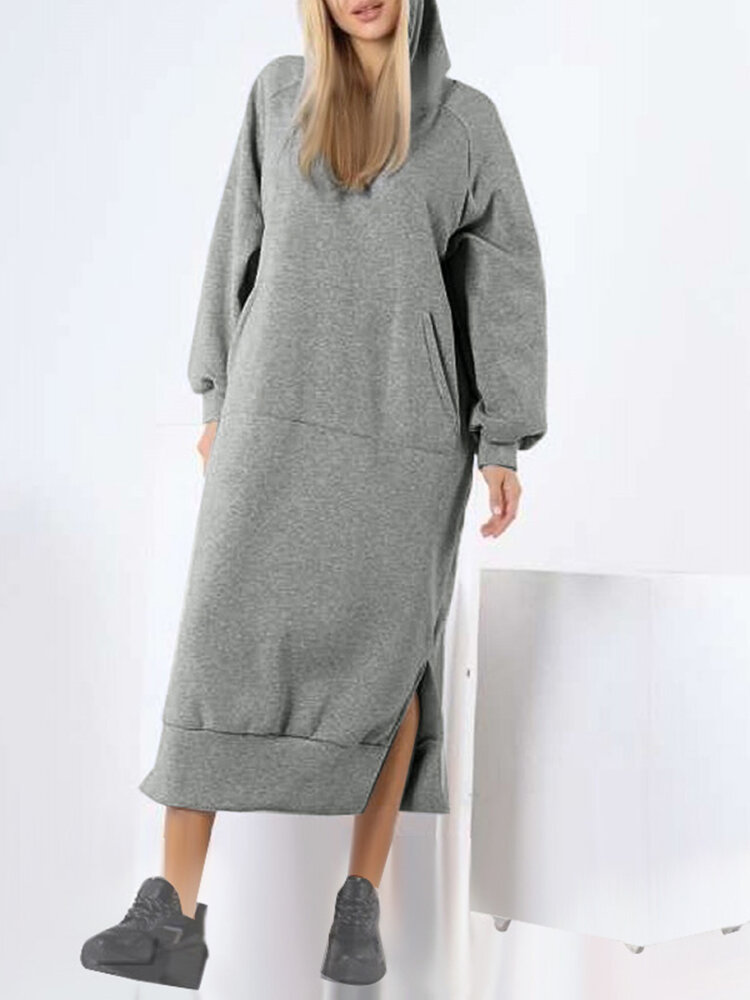 Women Solid Color Puff Sleeve Hooded Collar Side Slit Kangaroo Pocket Calf Length Sweatshirt Dresses