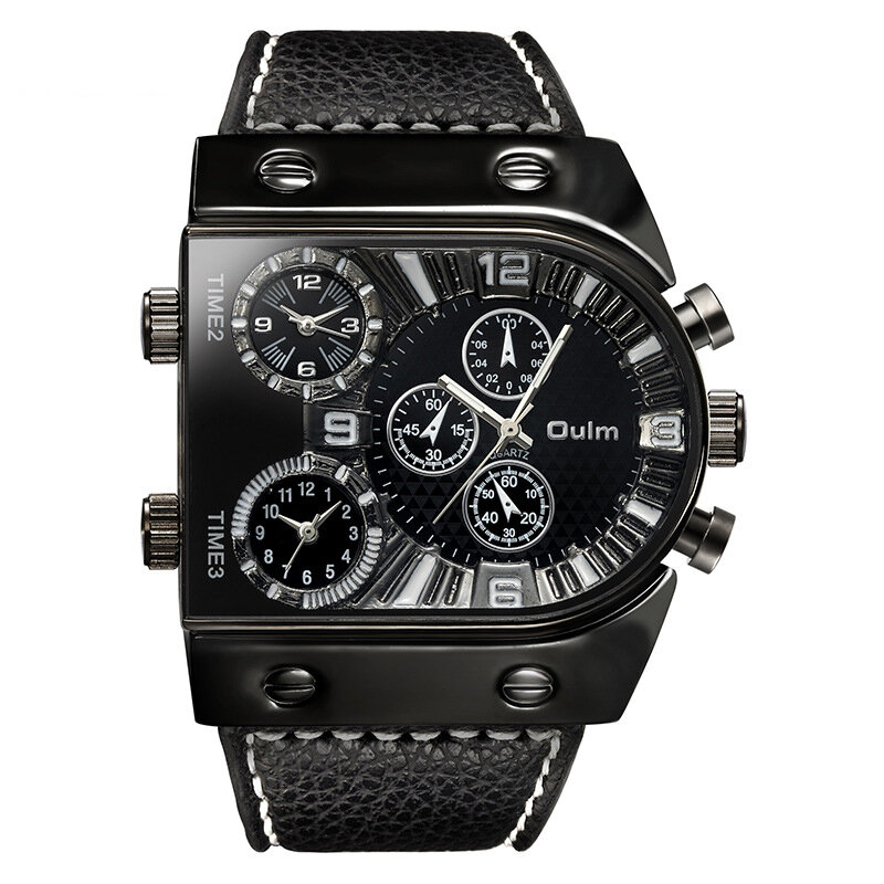 

OULM Big Dial Винтаж Multi Time Zones Кварцевые часы из искусственной кожи Стандарты Мужские наручные часы