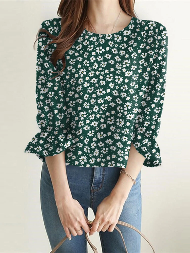 Allover Floral Print 3 4 Sleeve Crew Neck Blouse
