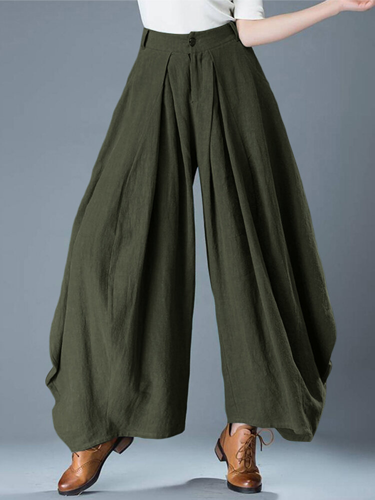 

Women Solid Color Cotton Pleats Vintage Loose Wide Leg Pants