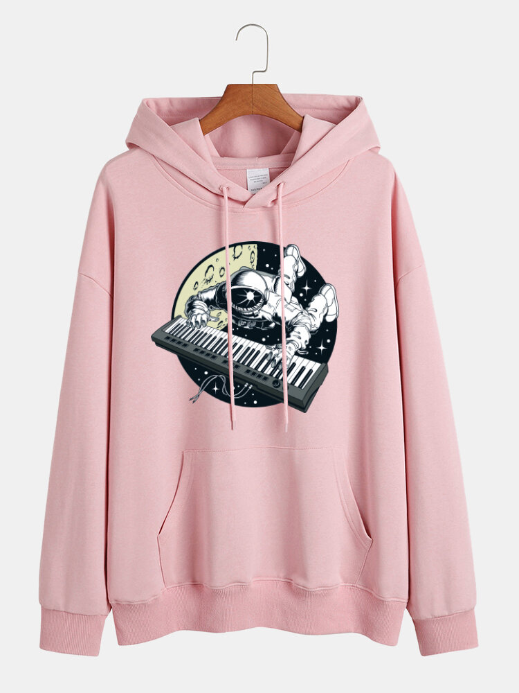 Mens Graphic Astronaut Print Casual Drawstring Hoodies With Pocket