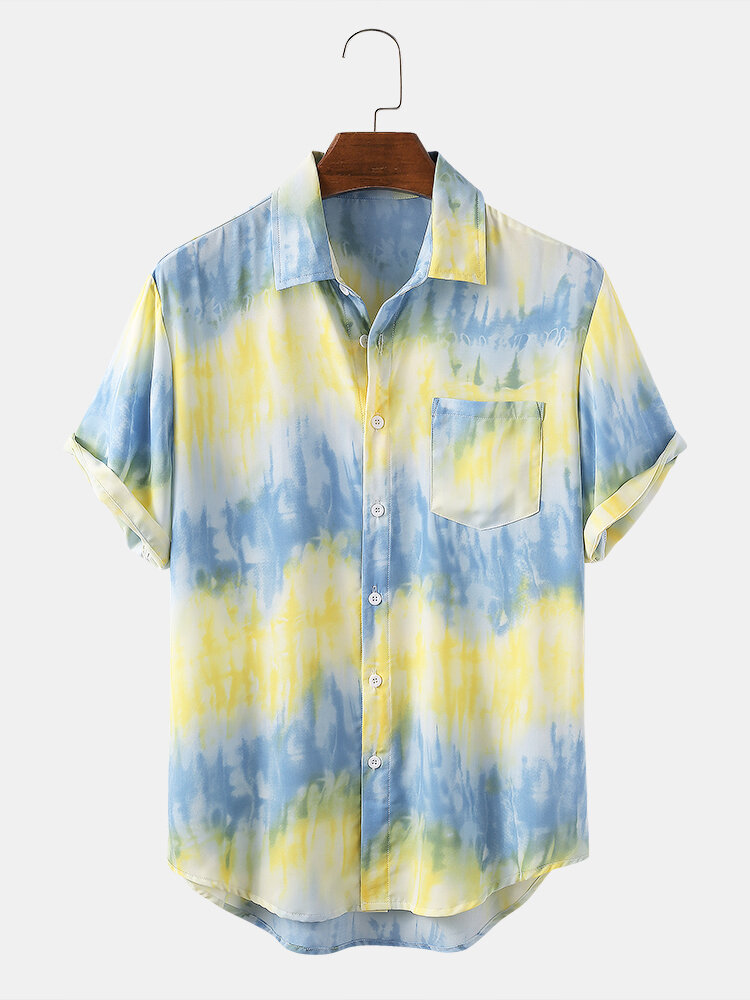 

Mens Casual Patchwork Tie Dye Print Turn Down Collar Shirts
