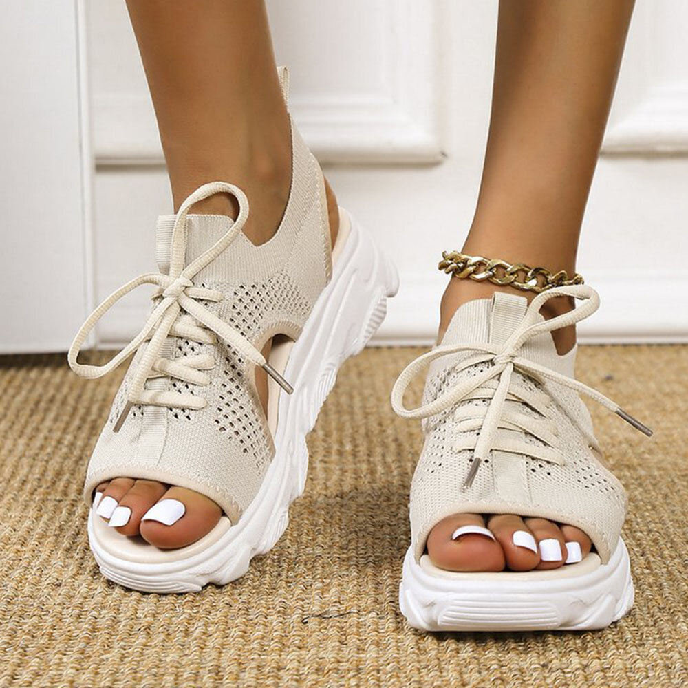 Women Casual Lace-up Comfy Knit Open Toe Platform Sandals