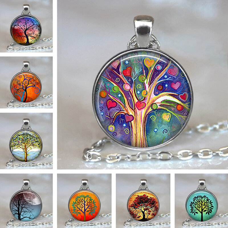 Vintage Geometric Round Tree Of Life Gemstone Pendant Necklace Metal Colorful Glass Printed Jewelry 