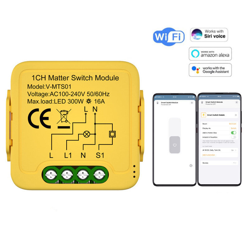 

Matter WiFi Smart Switch Module Relay 1-Gang 16A Compatible Homekit Support Voice Control with Alexa Google Assistant