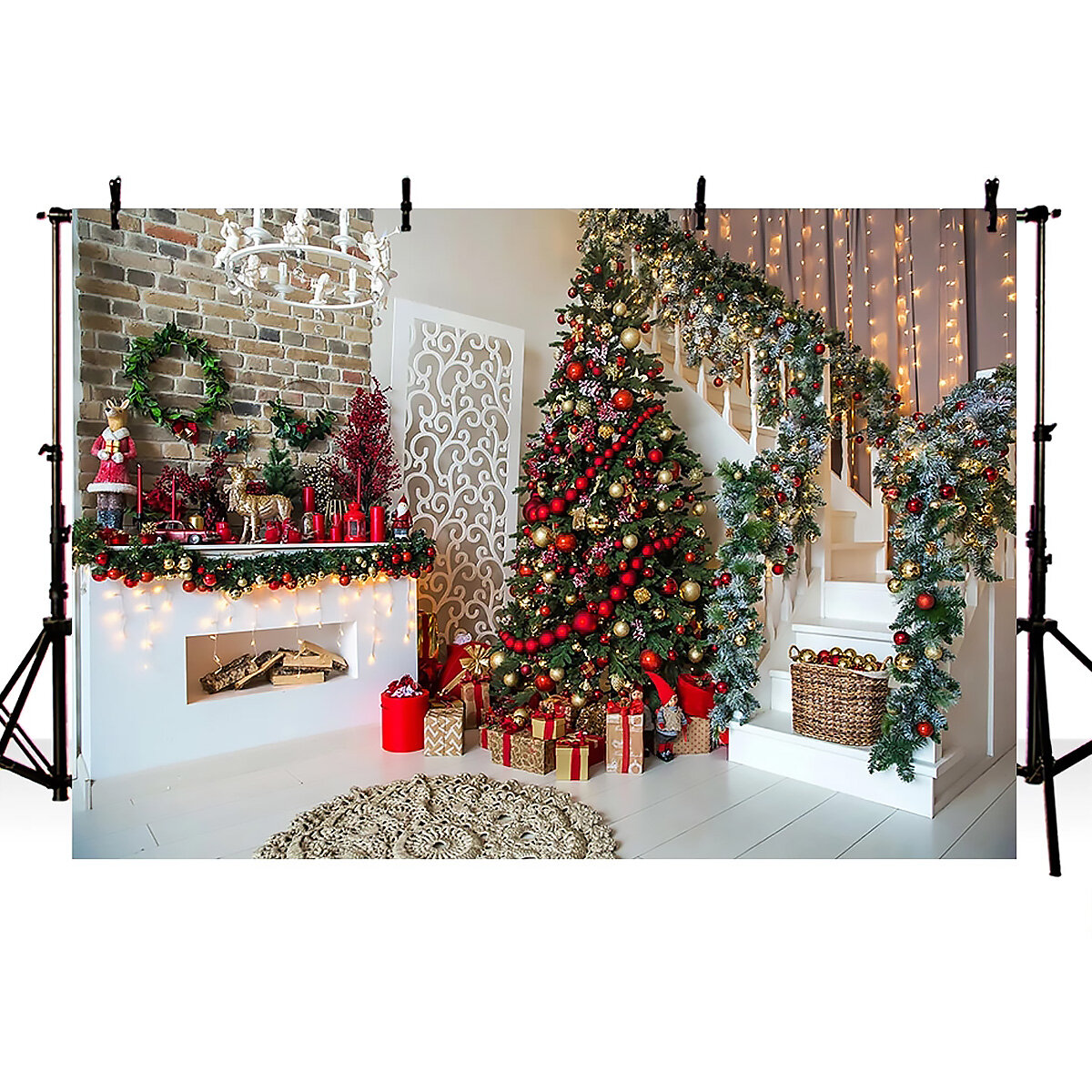 

Рождественская елка лестница фото фоны деревянный пол камин фон ткань для фотостудии фон