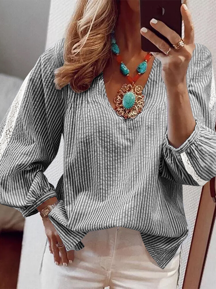 Women Stripe Printed Lace Patchwork V Neck Long Sleeve Casual Shirts