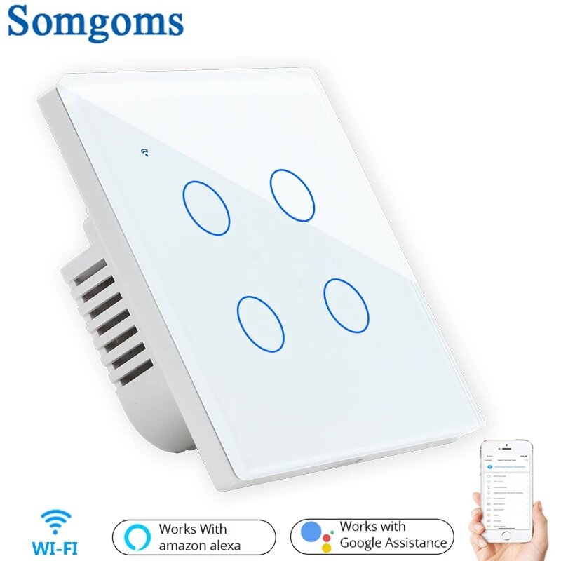 Somgoms SM-41W-EU Tuya WiFi Draadloos 4Gang 2 Way Smart Wall Touch Switch AC 100 V / 220 V Draadloze