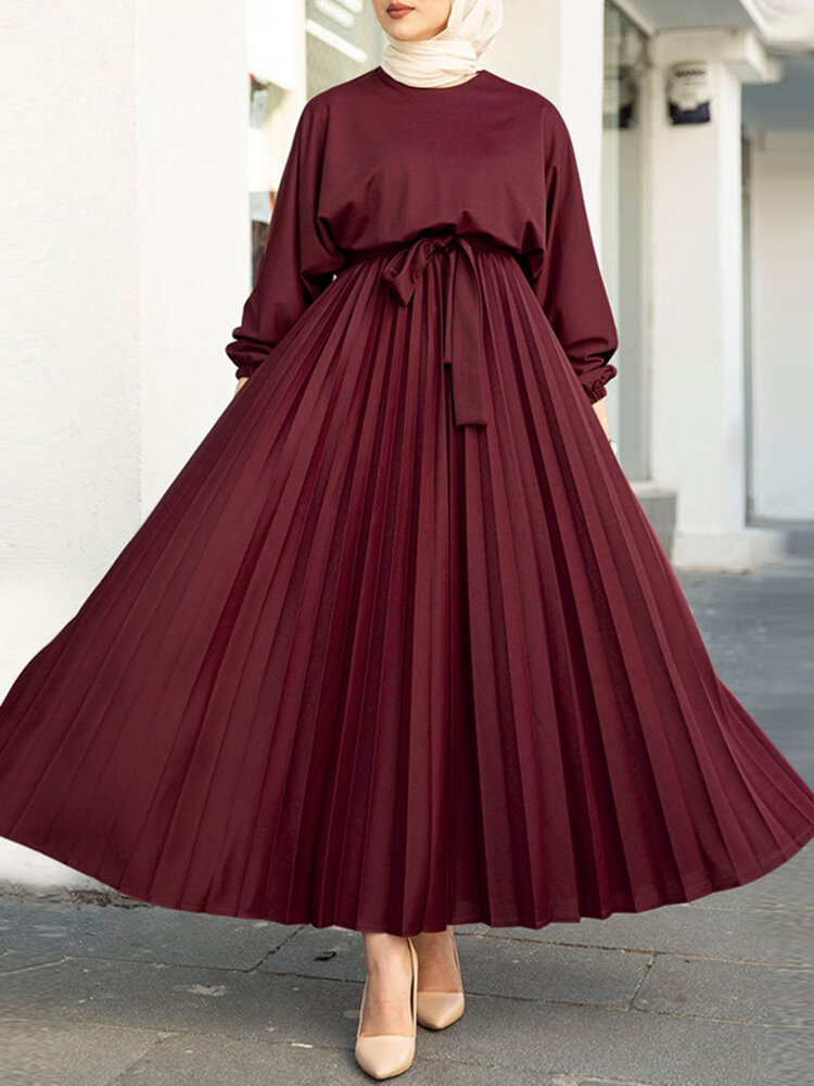 Women Abaya Kaftan Puff Sleeve Solid Pleated Ankle Length Maxi Dresses