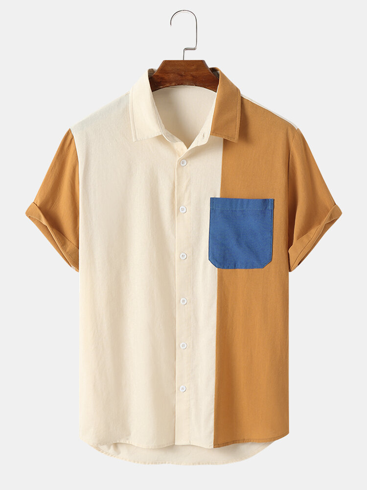 

Mens Color Block Pocket Stitching Buttons Up Short Sleeve Shirts