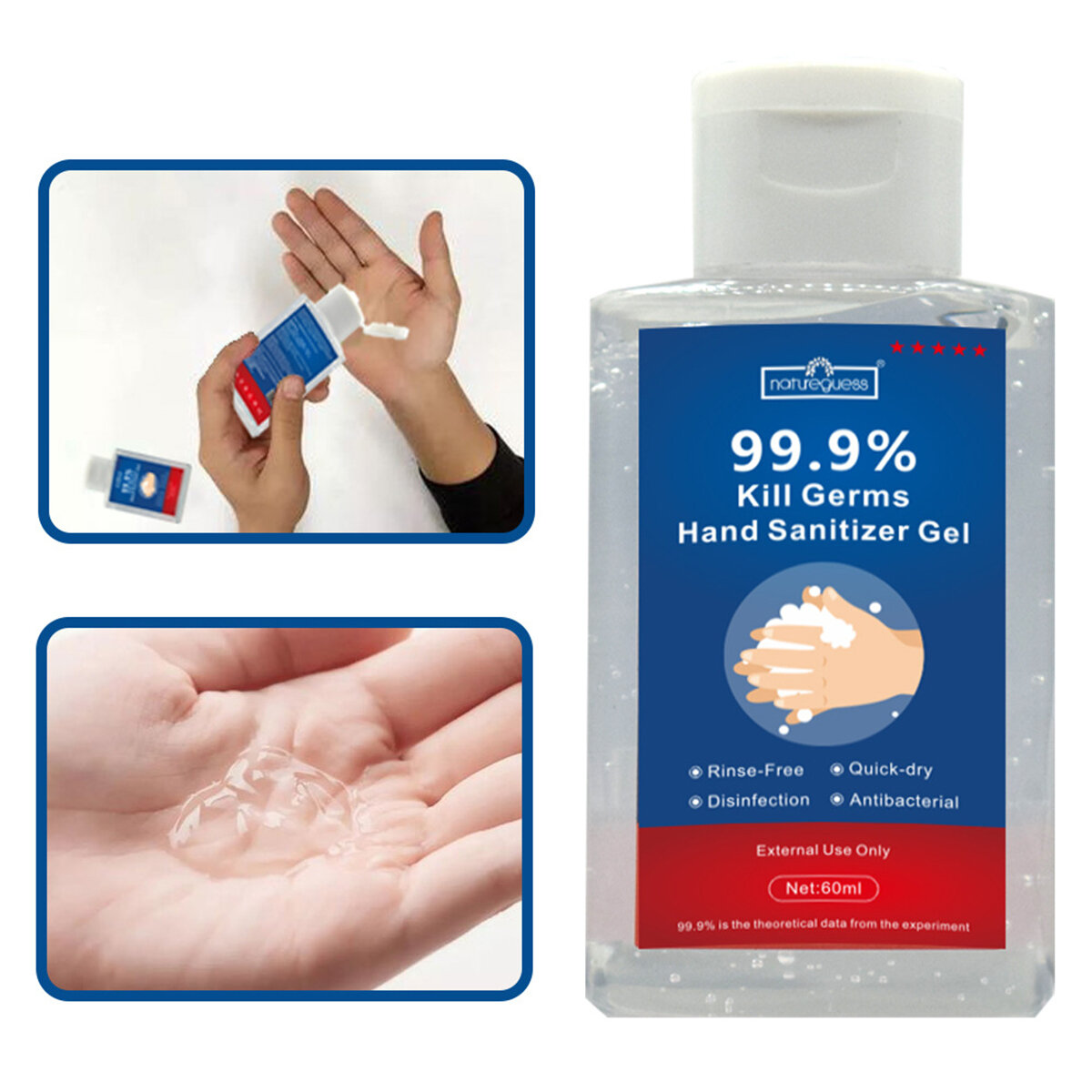 5 шт. 60 мл геля для дезинфекции рук, одноразовые, быстро высыхающие, модель для медицинского использования.