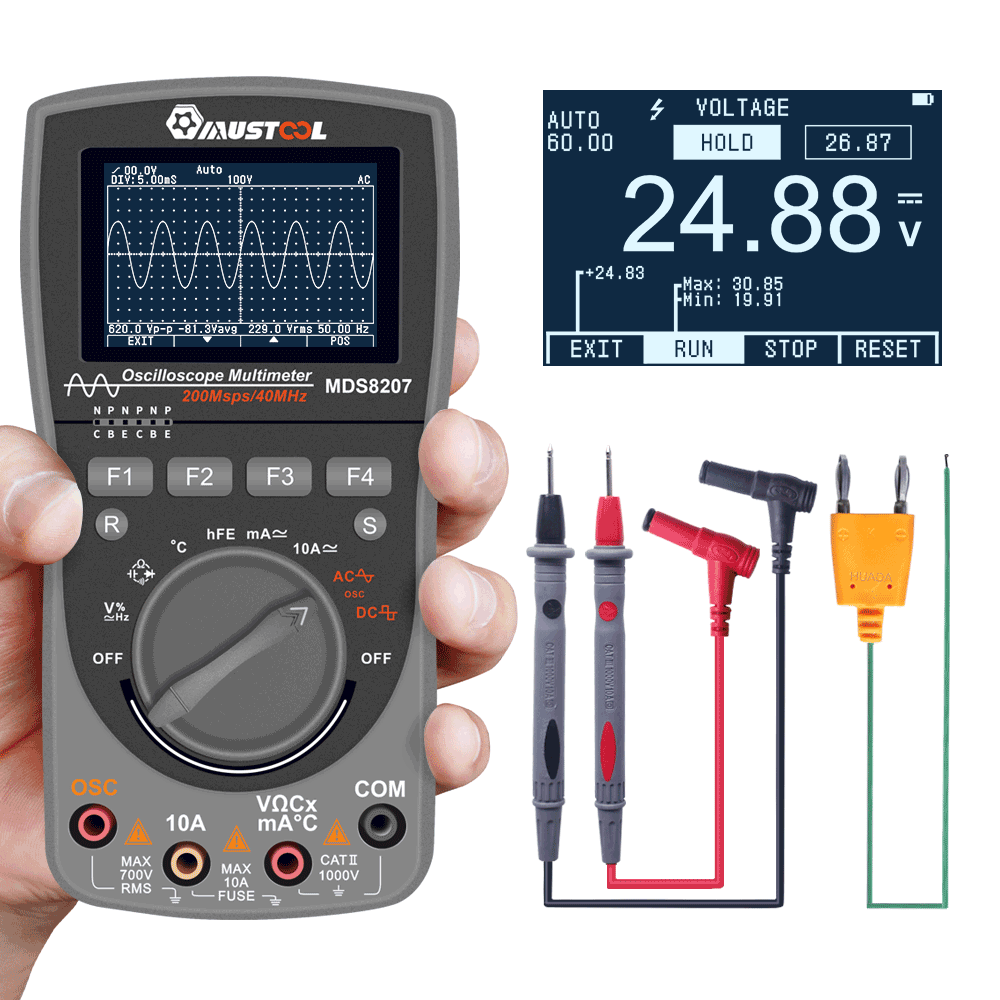Upgraded MUSTOOL MDS8207 Intelligent Digital Storage Scopemeter 2 in 1Digital 40MHz 200Msps/S One Key AUTO Oscilloscope OSC 6000Counts True RMS Multimeter DMM AC/DC Current Voltage Tester
