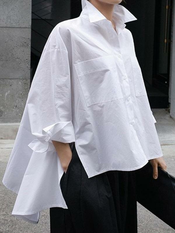 Long Sleeve Solid Color Lapel Pocket Irregular Hem Shirts For Women