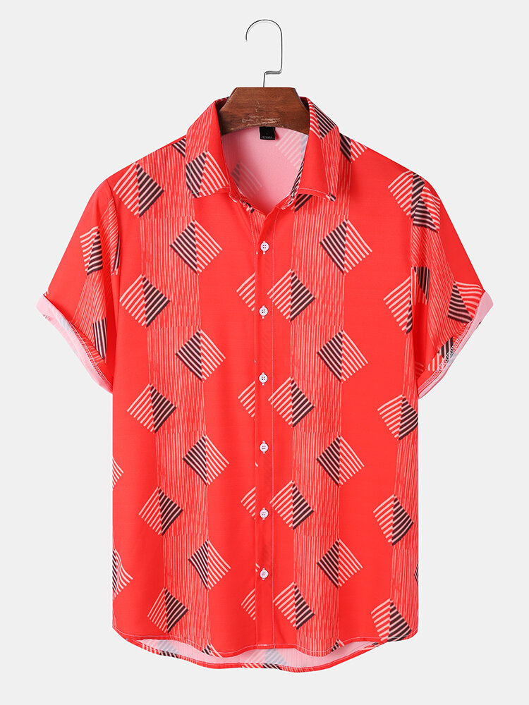 Heren Geometrisch Patroon Vintage Alle Matched Huidvriendelijke Vrijetijdsoverhemden met Korte Mouwe