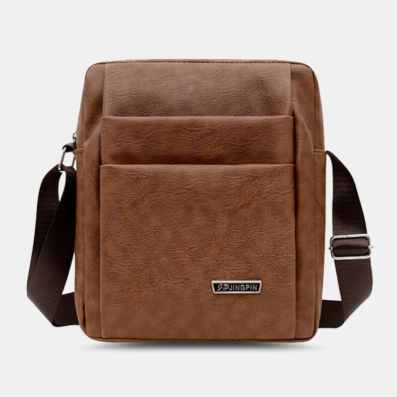 Men Retro PU Leather Double Front Pocket Messenger Bag Plain Large Capacity Crossbody Bag Teacher Bag