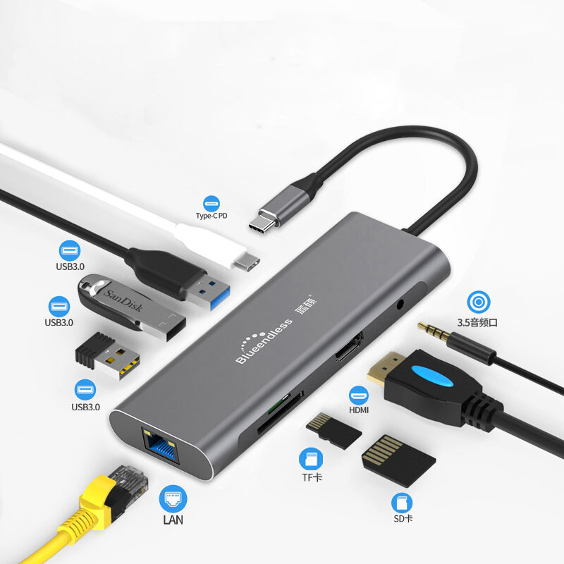 

Blueendless 9-в-1 USB-C-концентратор для док-станции с 3 портами USB 3.0 / 60 Вт Type-C PD / 4K HD видеовыход / сетевой