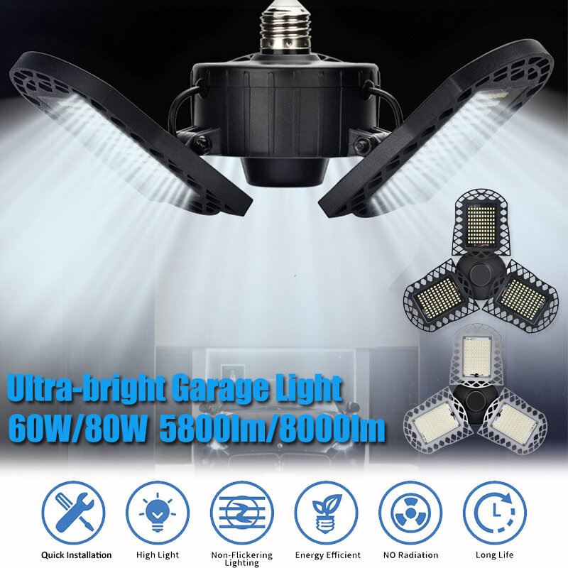 15/60/80W 96/300LED Deformable LED Garage Ultra-Bright Lights Garage Ceiling Light Adjustable E26/E2