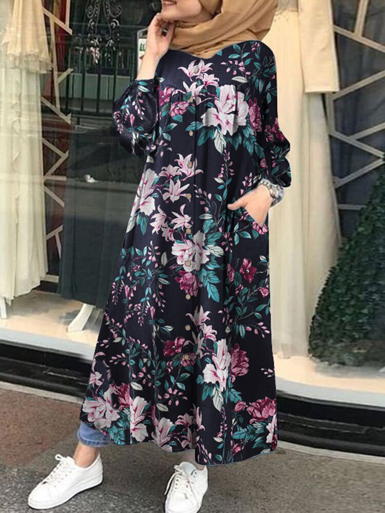 Dames 100% katoen bloemenprint mid-kalf lengte kaftan maxi-jurken met zijzak