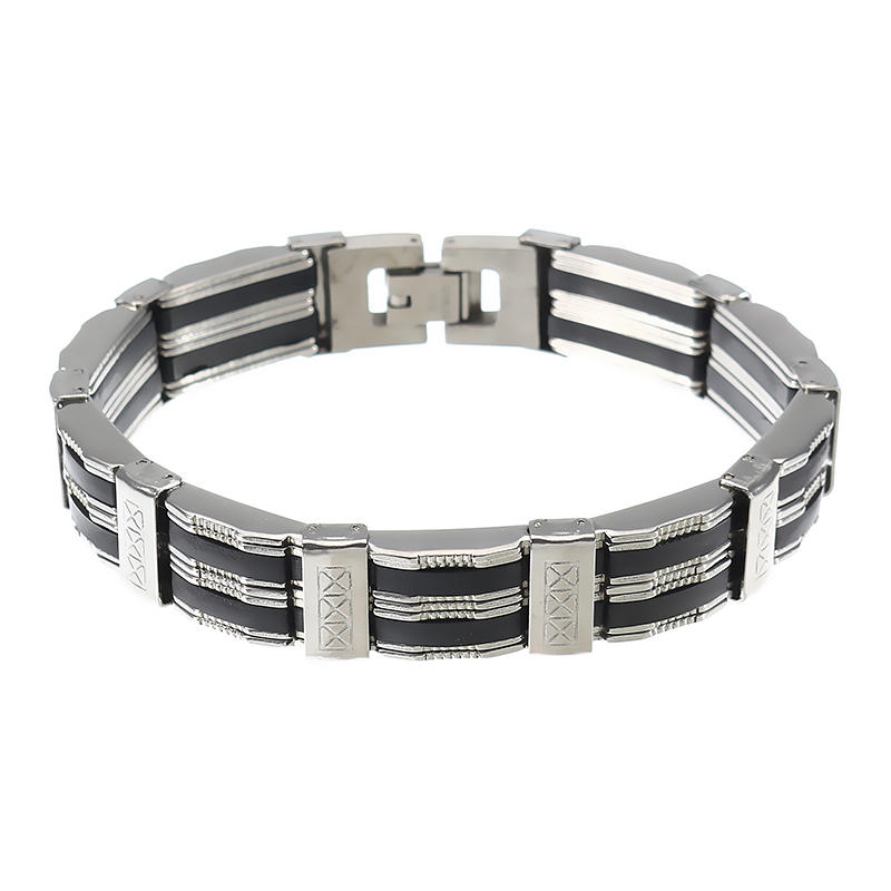 Punk Black Silicone Silver Stainless Steel Chain Wristband Bracelet for Men