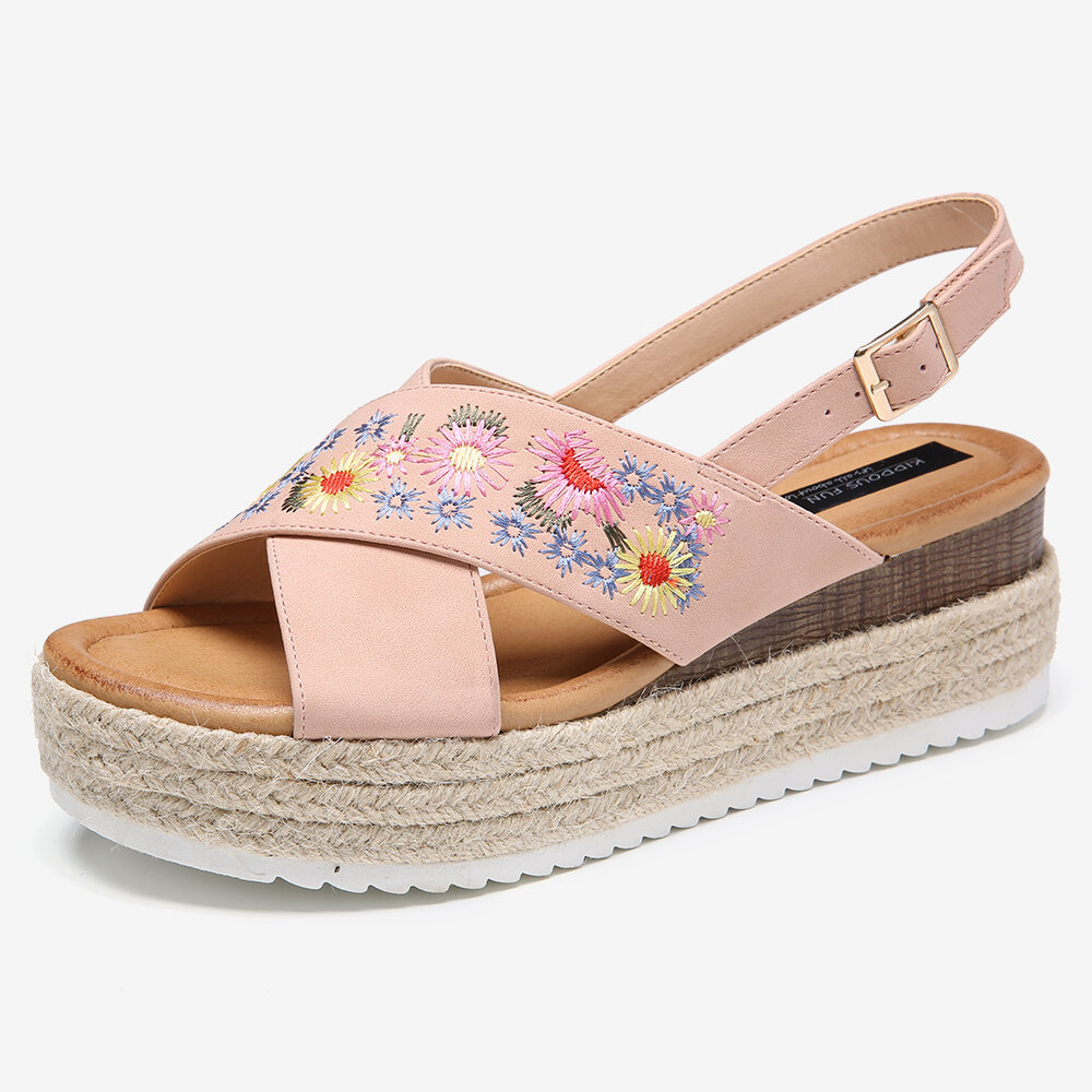 58% OFF on Women Espadrilles Embroidery Flowers Cross Strap Slingback Casual Platform Sandals