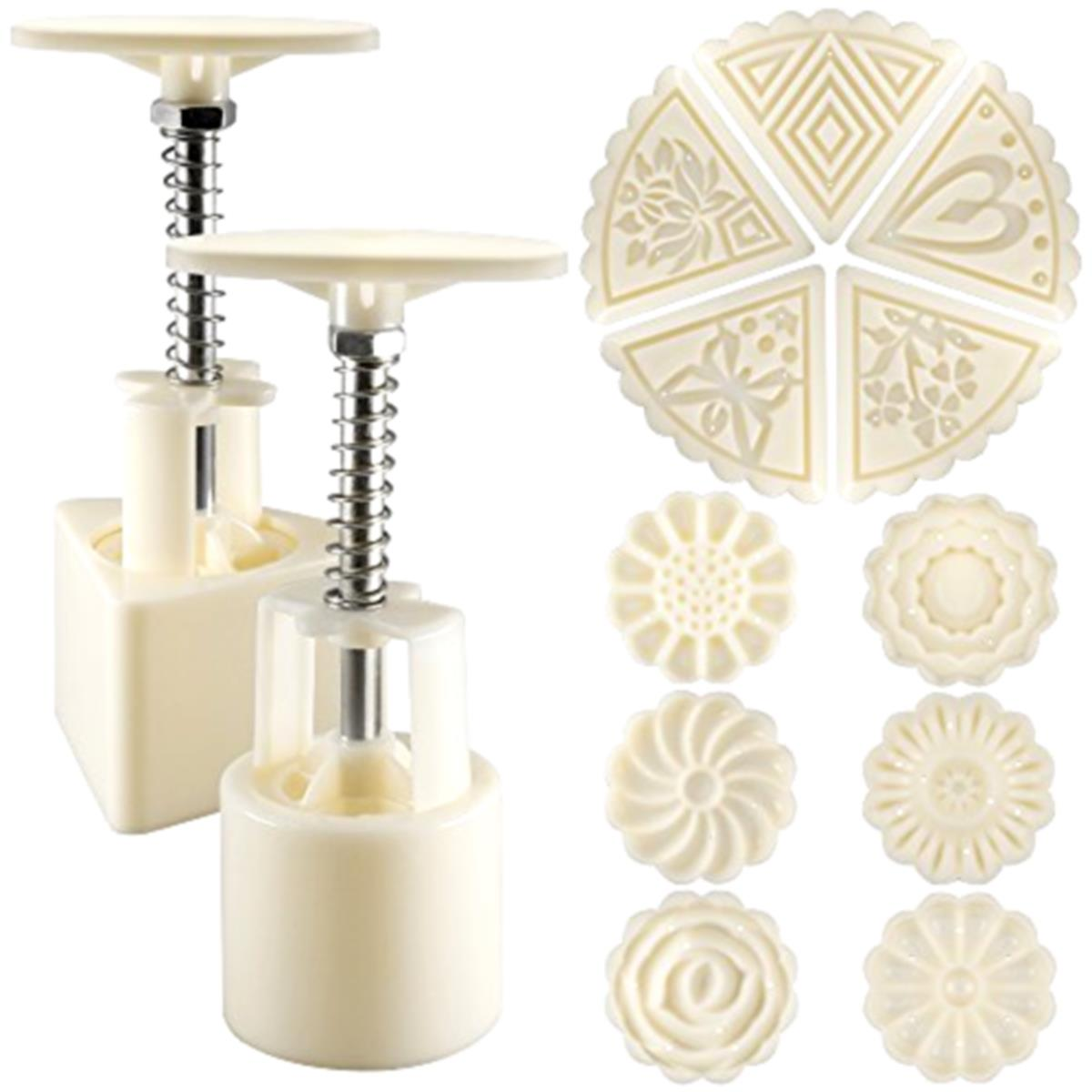 2 Sets Mooncake Pastry Press Mold DIY Hand Flower Pattern Mould 50g w/11 Stamps Round Triangle