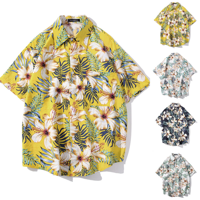 Outdoor Men Hawaiian Shirt Short Sleeve Floral Print Chic Lapel Loose Camisas Hombre Streetwear Beac