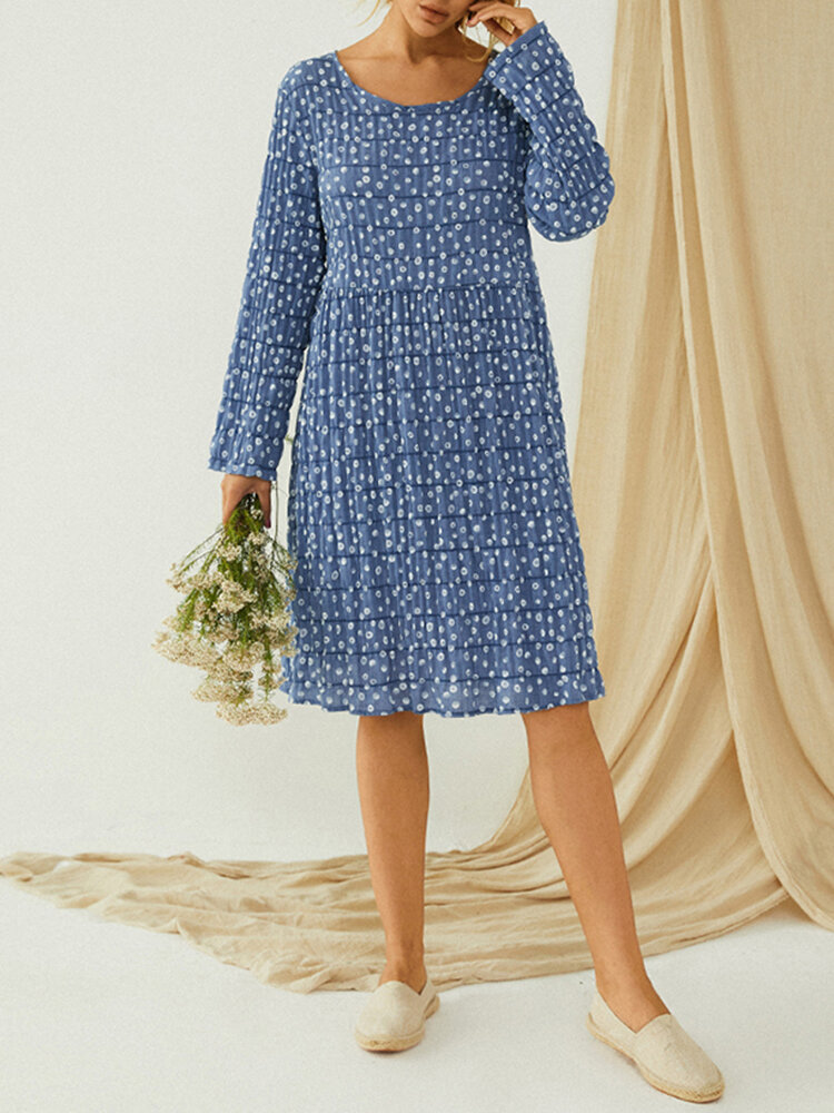 Image of Plus Size Polka Dot Plissee A-Linie Langarm Casual Kleid