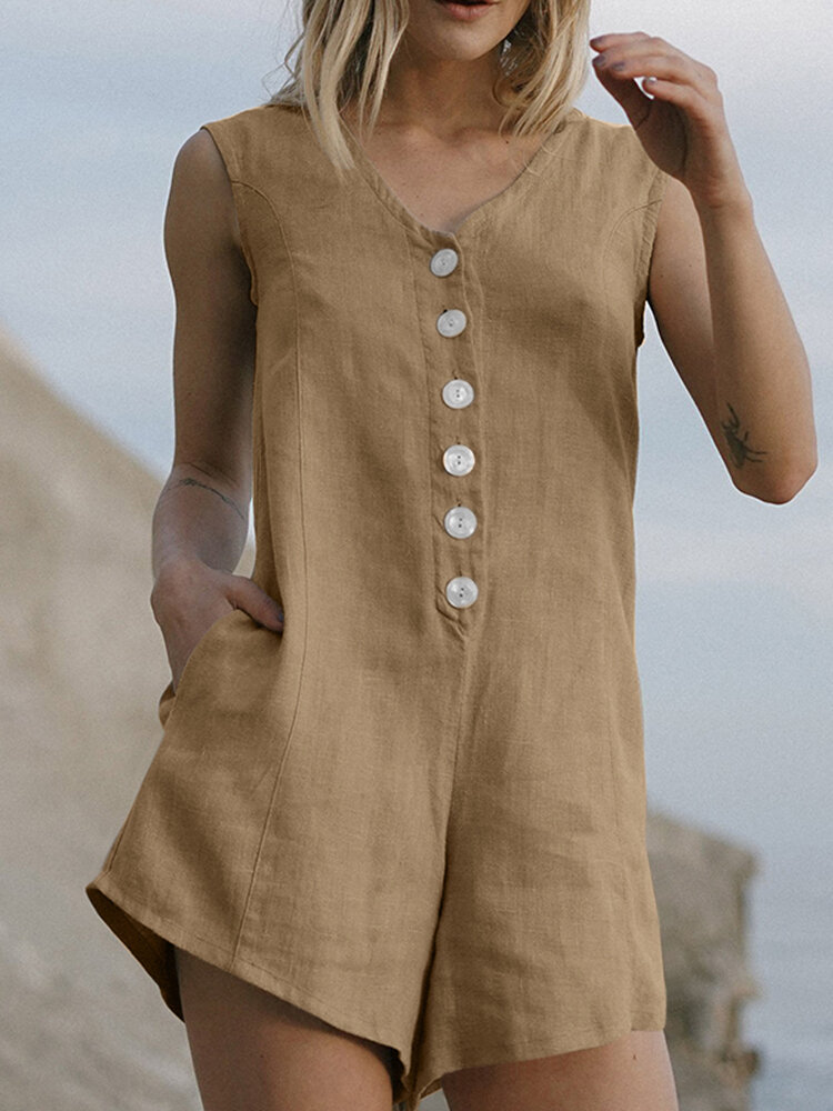 Cotton Solid Button Pocket Sleeveless V Neck Casual Romper