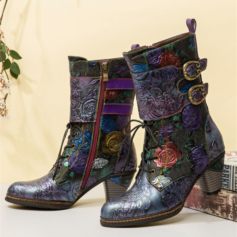 SOCOFY Vintage Floral Embossed Genuine Leather Warm Lining Casual Chunky Heel Boots