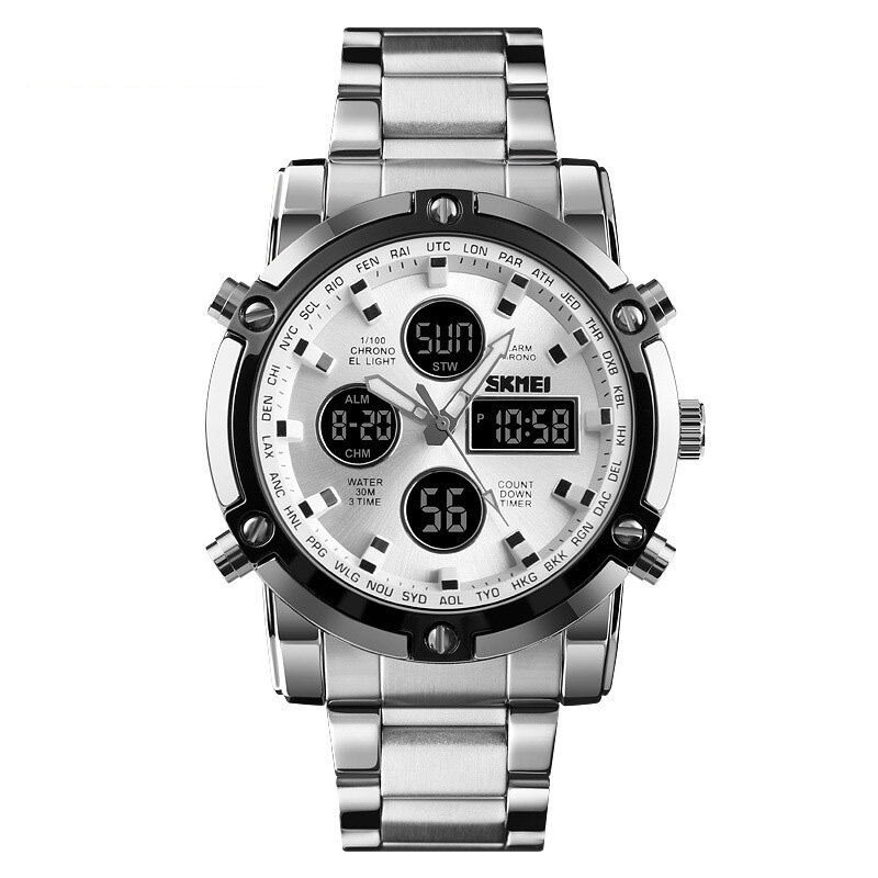 

SKMEI 1389 Business Style Multifunction Big Dial Quartz Watch Waterproof Steel Band Men Wrist Watch