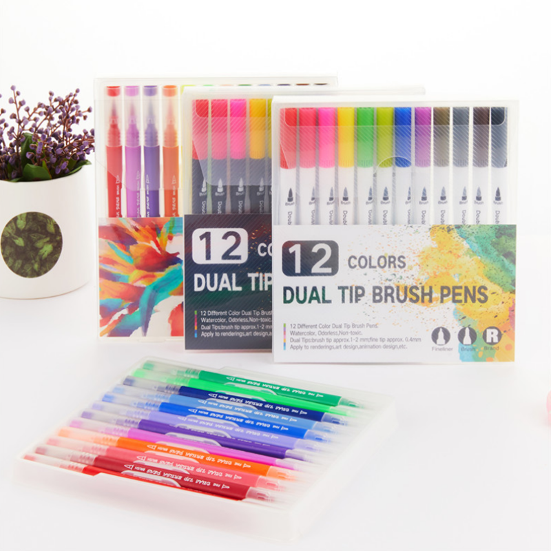 12 Colors Soft Double Head Watercolor Pen Dual Tip Brush Pen Set Hook Line Pen Art Drawing Pen Offic