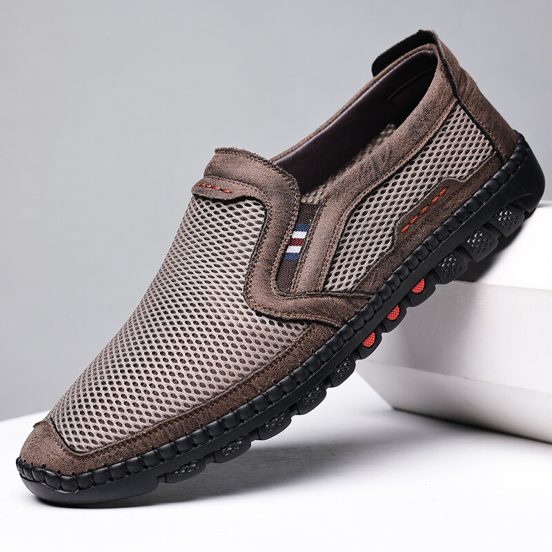 Men Cowhide Breathable Mesh Hollow Out Soft Bottom Slip On Flat Casual Shoes
