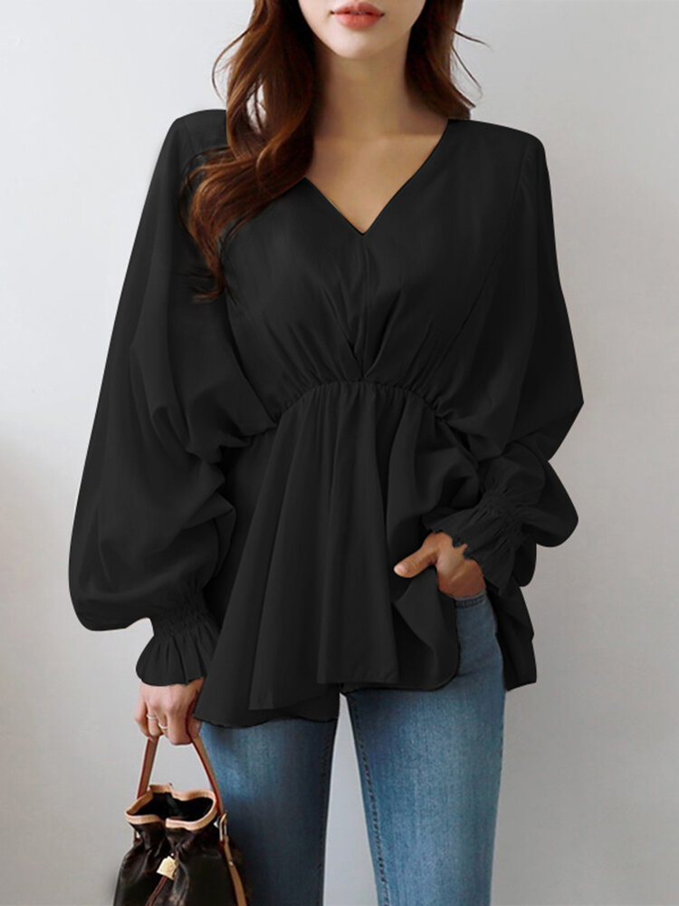 Women Solid Color V-Neck Puff Sleeve Ruffles Hem Casual Blouse