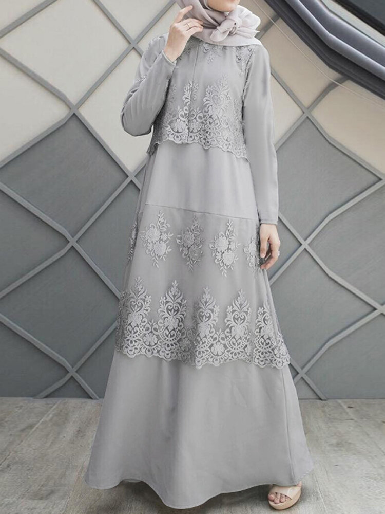 Spitze Nähen A-Linie O-Ausschnitt Einfarbig Langarm Muslim Kleid Abaya Kaftan Für Damen