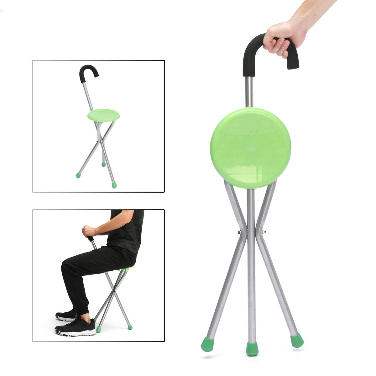 Cadeira portátil dobrável para camping com tripé, bengala e assento para caminhar, carga máxima de 130 kg