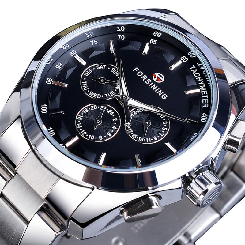 

Forsining F625 Fashion Men Automatic Watch Luminous Week Date Display Stainless Steel Strap Mechanical Watch