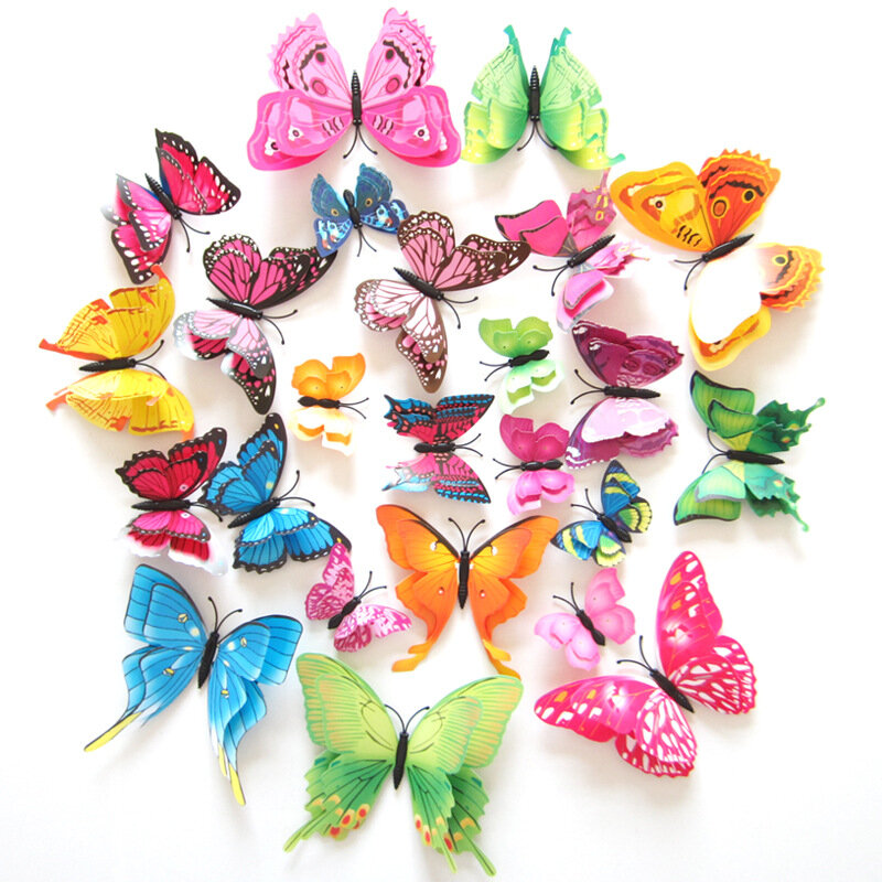 

12PCS 7 Colors 3D Double Layer Butterfly Wall Sticker Fridge Magnet Home Decor Art Applique