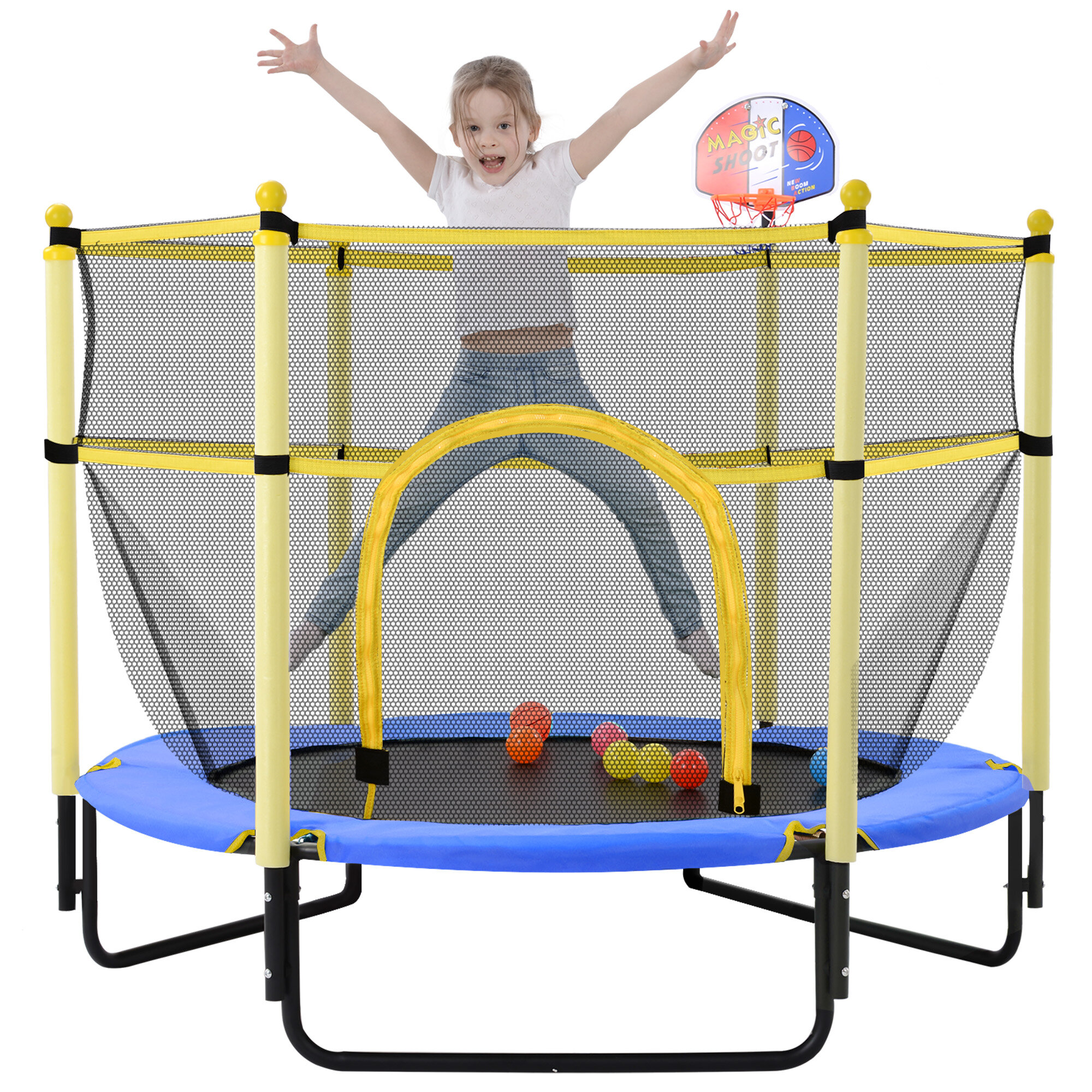 

[USA Direct] Bominfit 5FT Trampoline Kids Aerobic Jump Training with with Basketball Hoop 6 Pcs Balls Home Garden Exerci