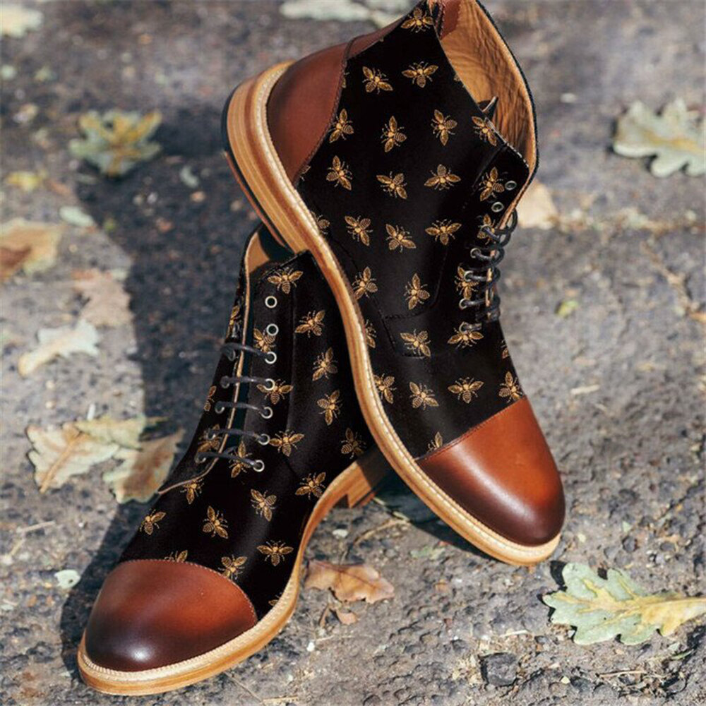 Men British Style Cap Toe Splicing Bees Printed Cloth Ankle Jack Boots