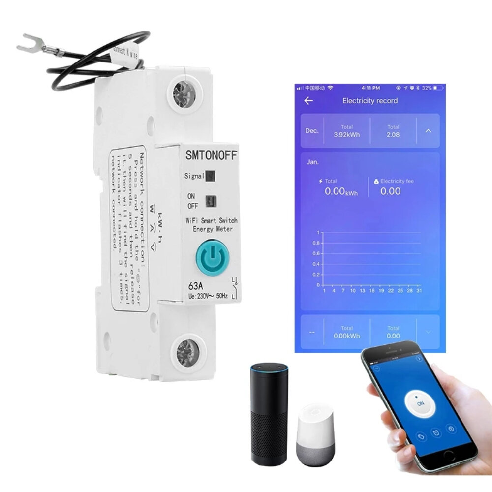 1P 63A eWelink Eenfase Din Rail WIFI Smart Switch Energiemeter Lekbescherming Remote Lezen KWh Meter