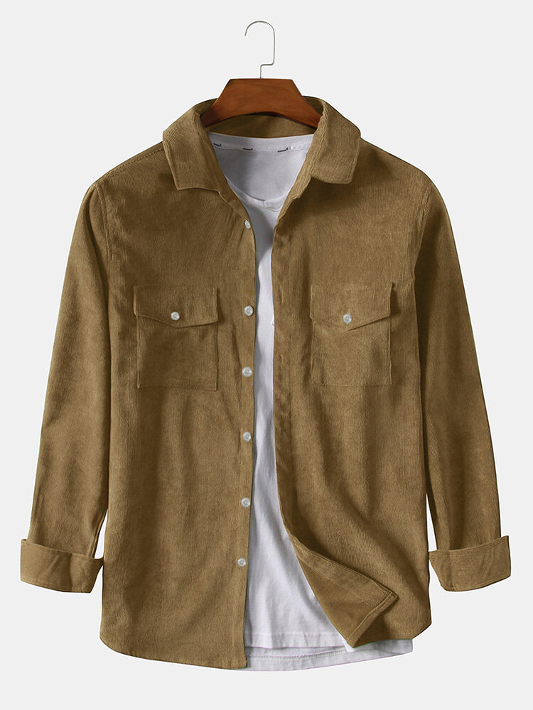 Men corduroy dual pockets long sleeve vintage shirts Sale - Banggood.com