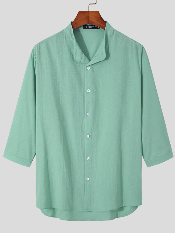 

Mens Cotton Stand Collar Three-quarter Sleeve Casual Summer Button Down Shirt