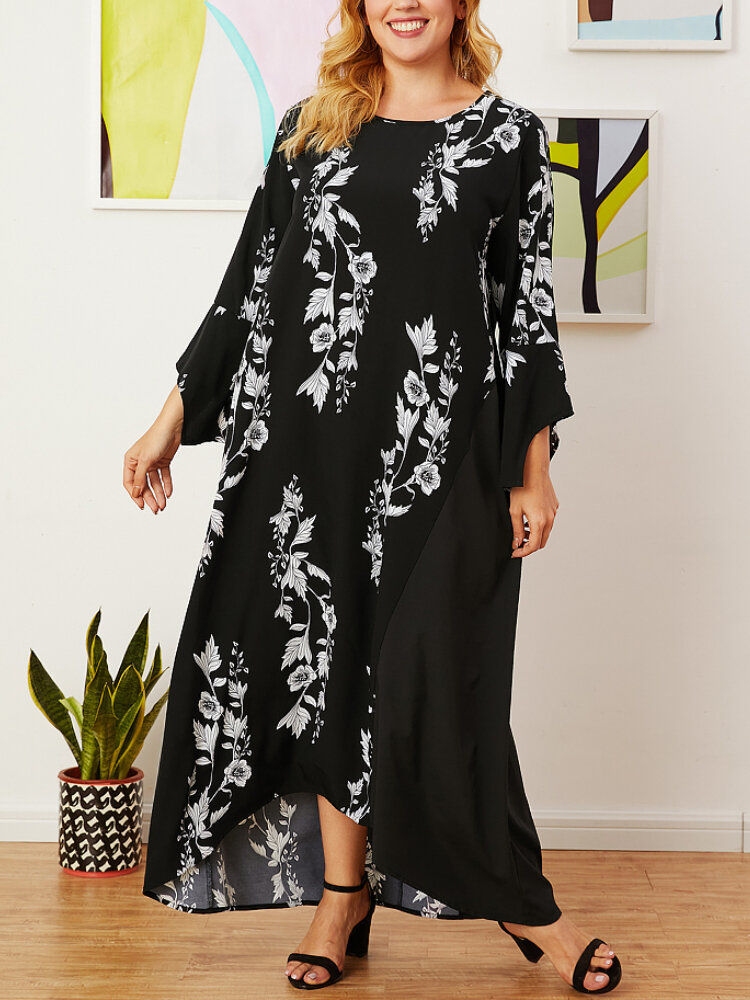 Plus Size Women Floral Print Long Sleeve Asymmetrical Maxi Dresses with Side...