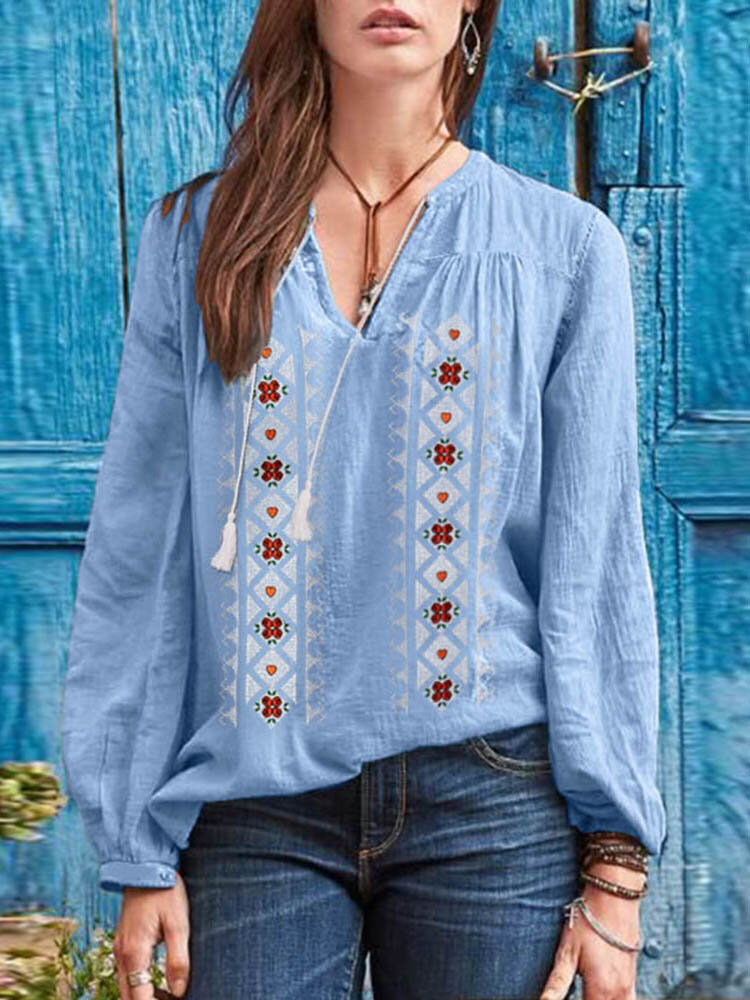Dames 100% katoenen kwastjes bloemenborduurwerk Boheemse manchetten met knopen blouses