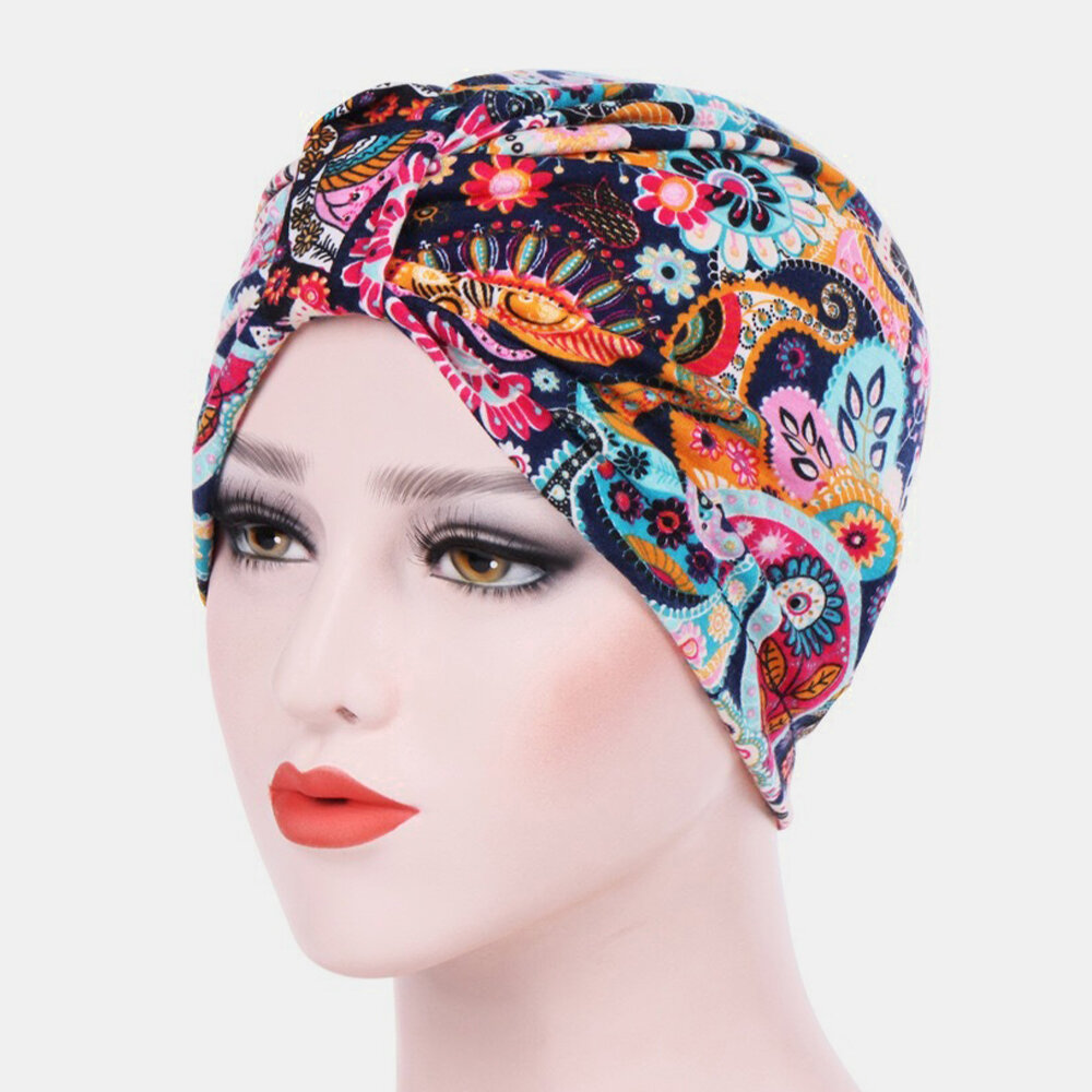 Women Cotton Colorful Pastoral Floral Pattern Casual Personality Elastic Brimless Beanie Scarf
